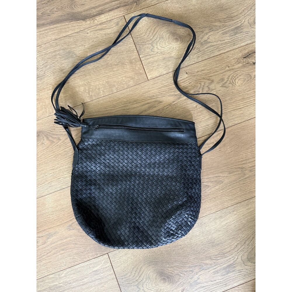GANSON vintage Black leather Weave shoulder Slouchy boho hobo bag purse